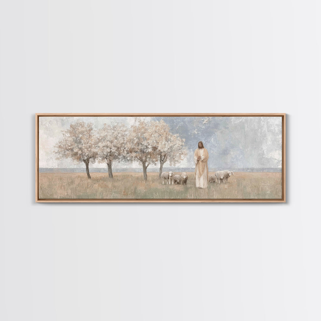 Gentle Meadow Guide | Framed Canvas Print | Christian Art Canvas | Panoramic Frame | Christian Wall Art | Jesus Painting | Christian Gift