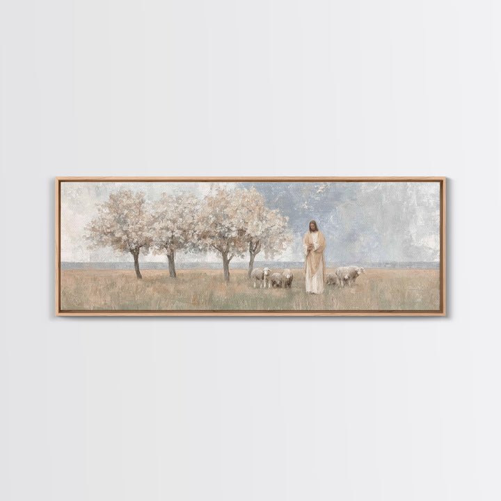Gentle Meadow Guide | Framed Canvas Print | Christian Art Canvas | Panoramic Frame | Christian Wall Art | Jesus Painting | Christian Gift