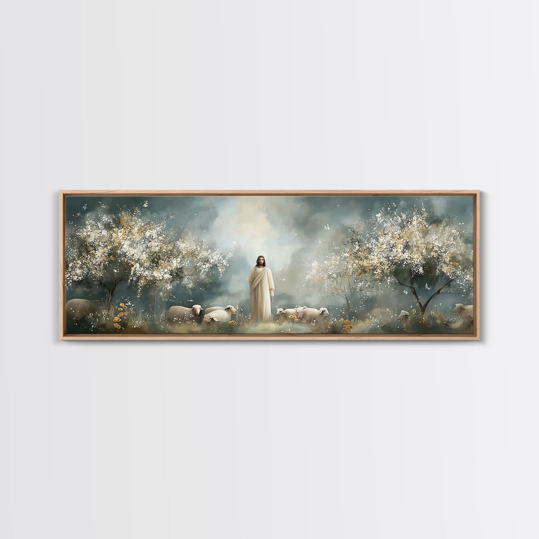 Heavenly Pasture Bloom – Framed Canvas Print – Panoramic Art – Christian Wall Art – Christian Art Canvas – Jesus Painting – Christian Gift