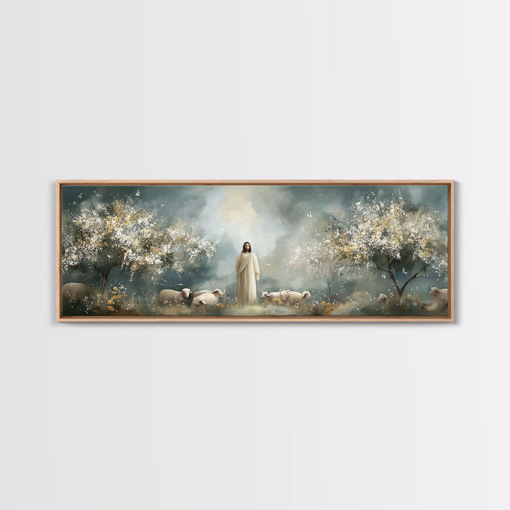 Heavenly Pasture Bloom – Framed Canvas Print – Panoramic Art – Christian Wall Art – Christian Art Canvas – Jesus Painting – Christian Gift