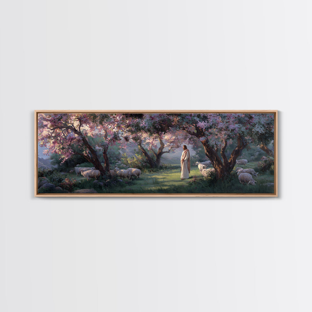 Garden Of The Shepherd, Framed Canvas Print, Panoramic Art, Christian Wall Art, Christian Art Canvas, Jesus Painting, Christian Gift