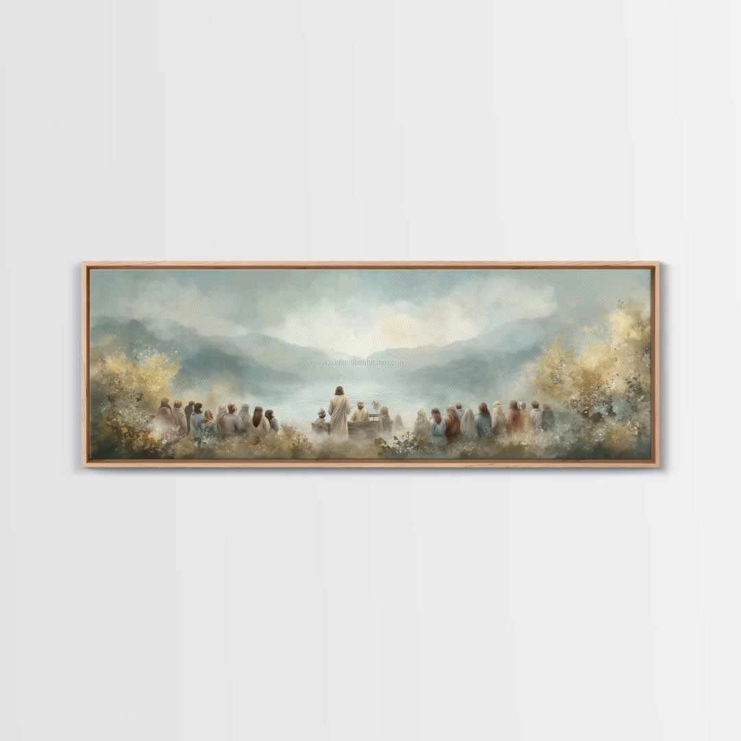 Sacred Shore Harmony | Framed Canvas Print | Christian Art Canvas | Panoramic Frame | Jesus Painting | Christian Decor | Christmas Wall Art