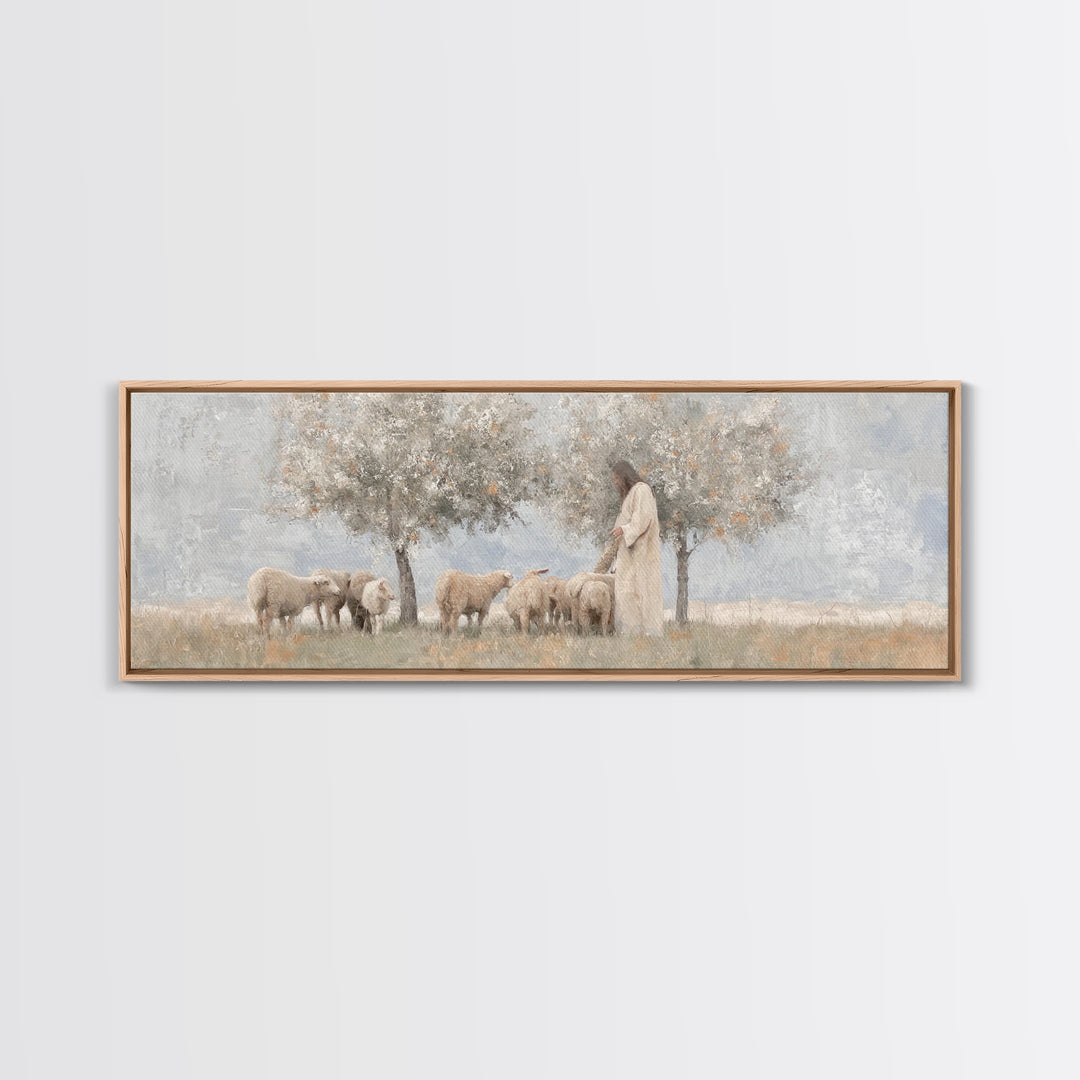 Olive Grove Shepherd, Framed Canvas Print, Panoramic Wall Art, Christian Art Canvas, Jesus Painting, Christian Decor, Christian Art