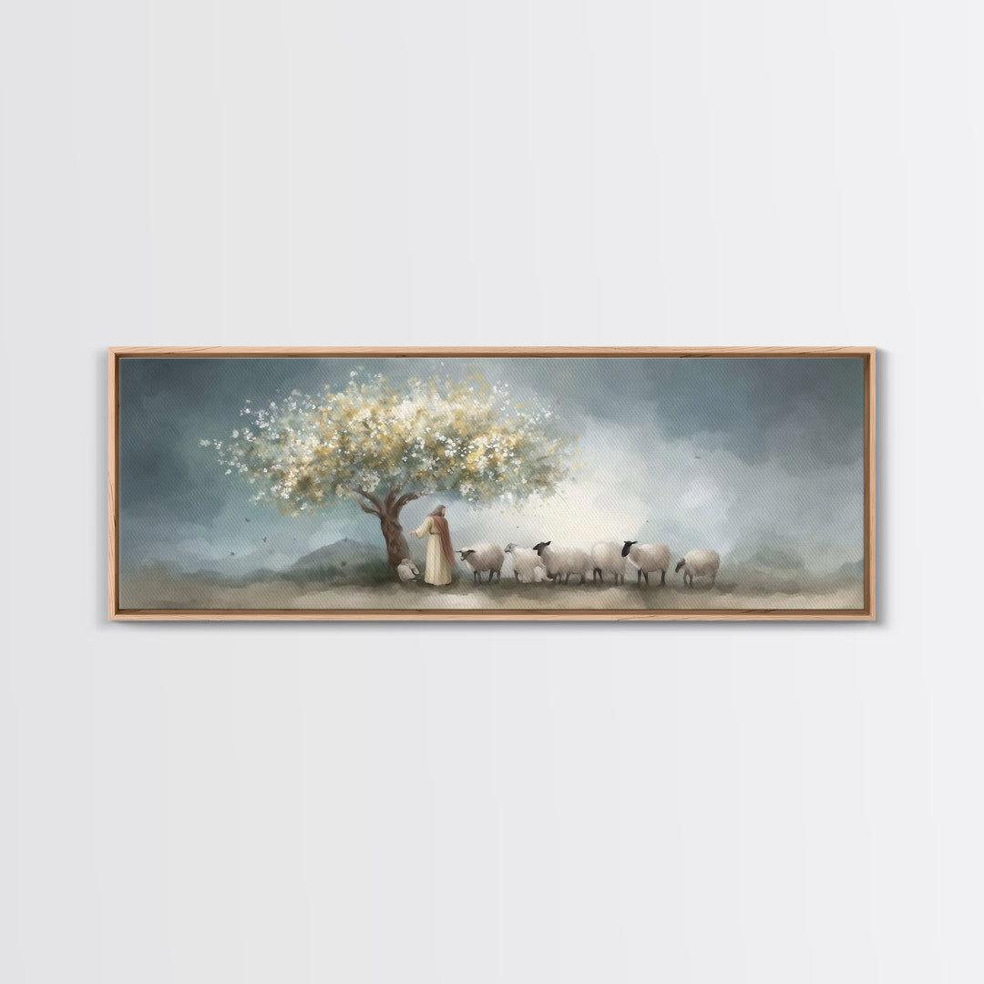 Golden Pasture Calm, Framed Canvas Print, Panoramic Art, Christian Art Print, Jesus Painting Canvas, Christian Christmas Art, Christian Dec