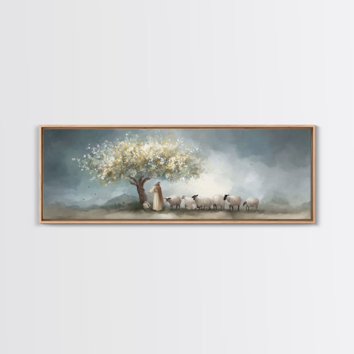 Golden Pasture Calm, Framed Canvas Print, Panoramic Art, Christian Art Print, Jesus Painting Canvas, Christian Christmas Art, Christian Dec