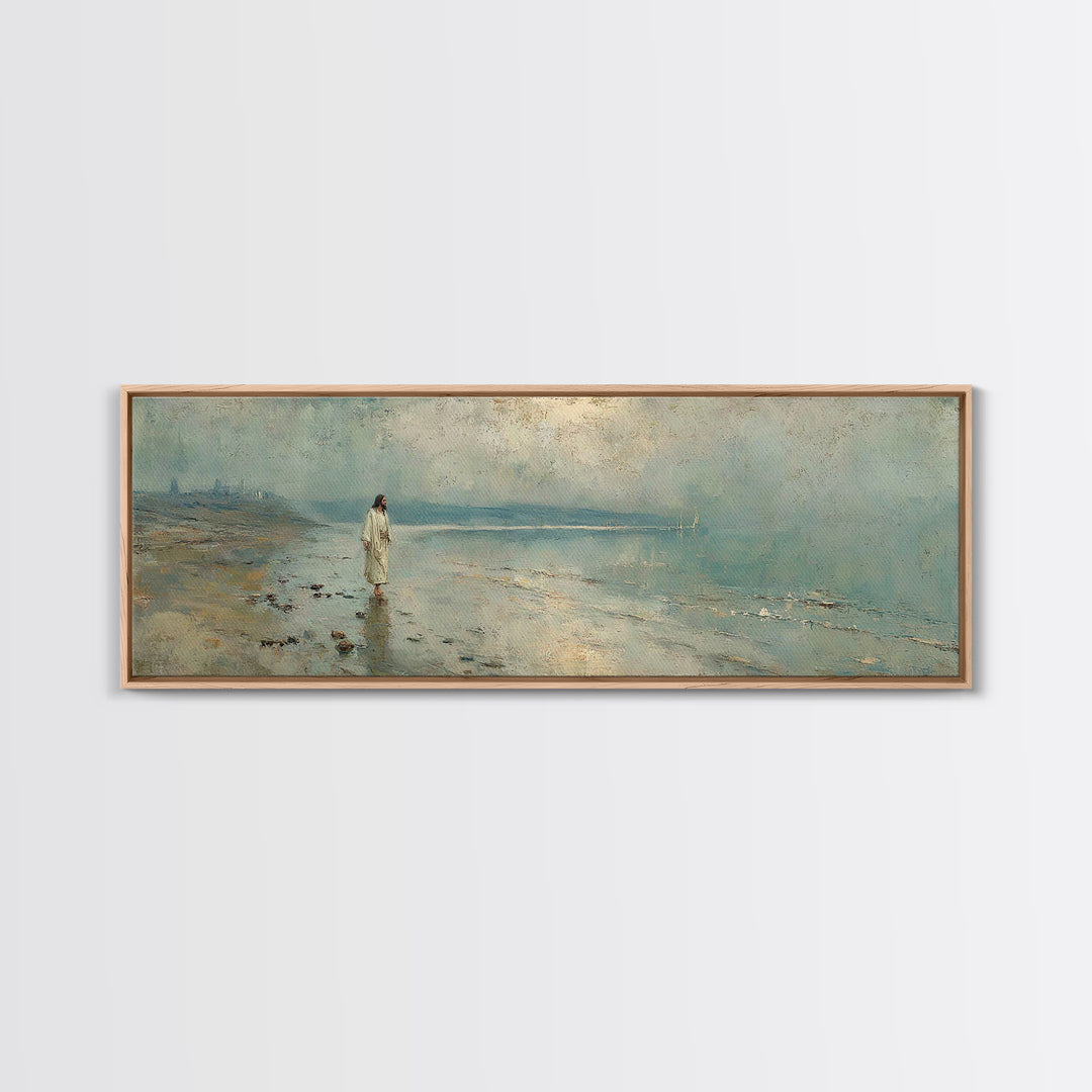 Shoreline Of Mercy, Framed Canvas Print, Christian Wall Art, Jesus Painting, Panoramic Wall Art, Christian Art Canvas, Christmas Art