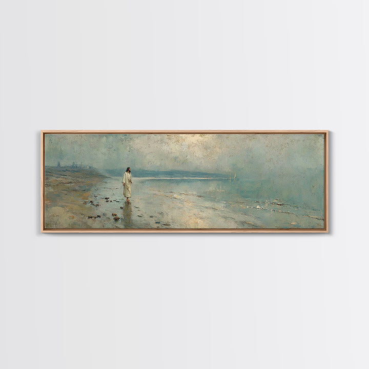 Shoreline Of Mercy, Framed Canvas Print, Christian Wall Art, Jesus Painting, Panoramic Wall Art, Christian Art Canvas, Christmas Art