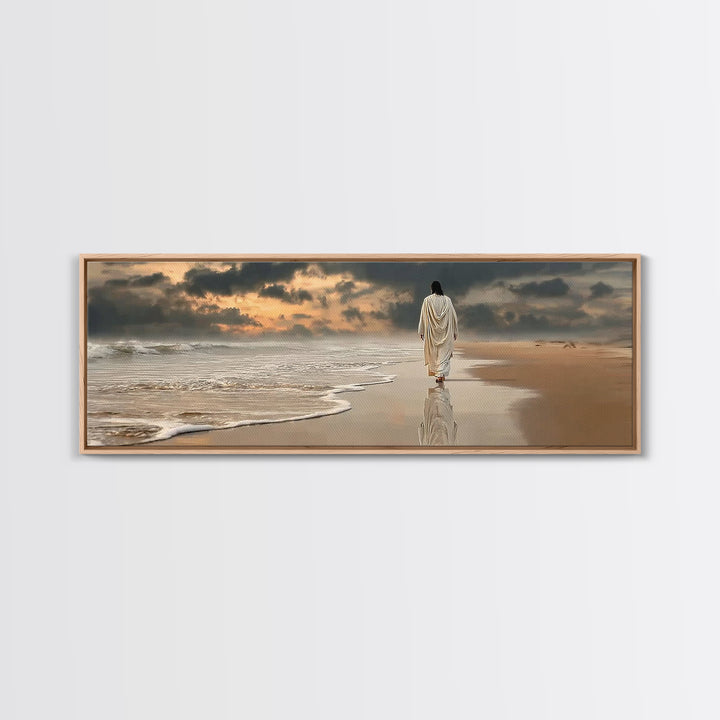 Twilight Footsteps, Framed Canvas Print, Christian Wall Art, Panoramic Painting, Jesus Painting, Christian Art Canvas, Christmas Art