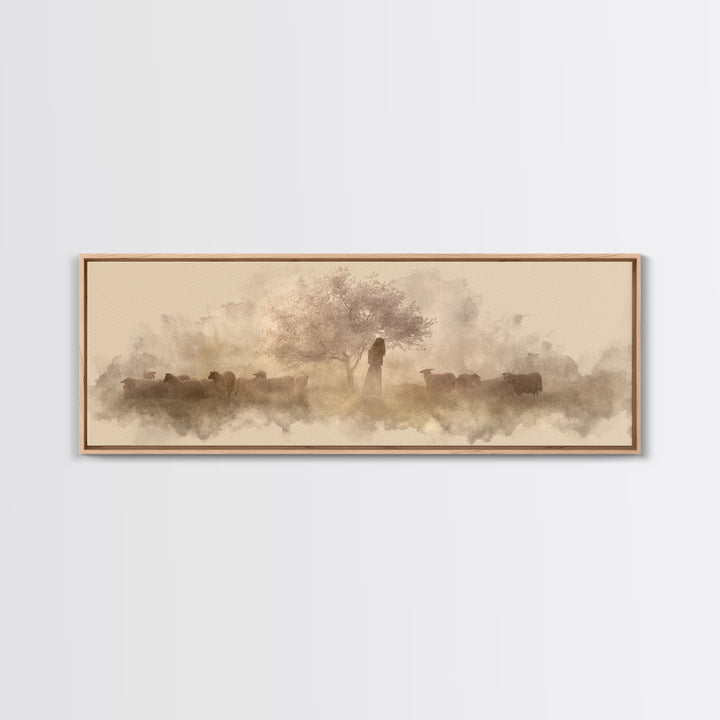 Shepherd’s Quiet Bloom, Framed Canvas Print, Panoramic Print, Christian Wall Art, Jesus Painting, Christian Art Canvas, Christmas Art