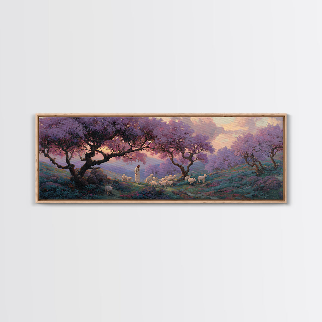Lavender Hill Shepherd – Framed Canvas Print – Panoramic Painting – Christian Art Canvas – Jesus Painting – Christian Wall Art – Christmas