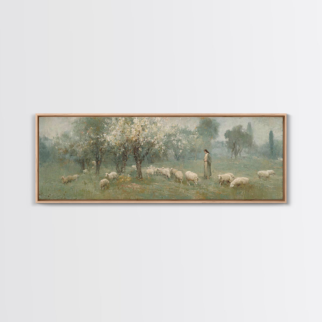 Shepherd’s Meadow Peace – Framed Canvas Print – Panoramic Art – Christian Art Canvas – Jesus Painting – Christian Wall Art – Christmas Art