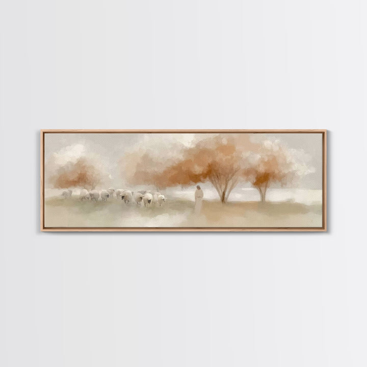 The Peaceful Shepherd, Framed Canvas Print, Christian Wall Art, Jesus Painting, Panoramic Art, Christian Art Canvas, Christmas Art