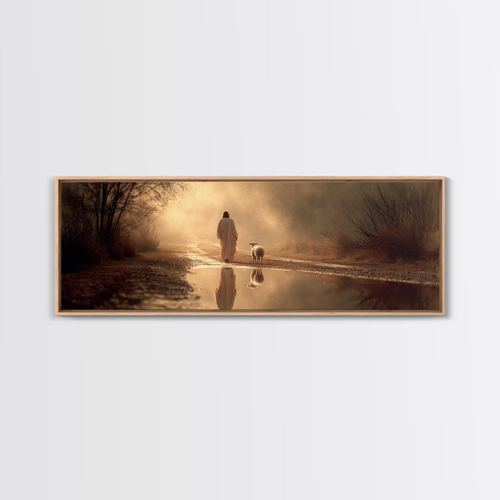 Golden Hour Shepherd, Framed Canvas Print, Christian Art Canvas, Panoramic Wall Art, Jesus Painting, Christian Christmas Art, Christian Gif