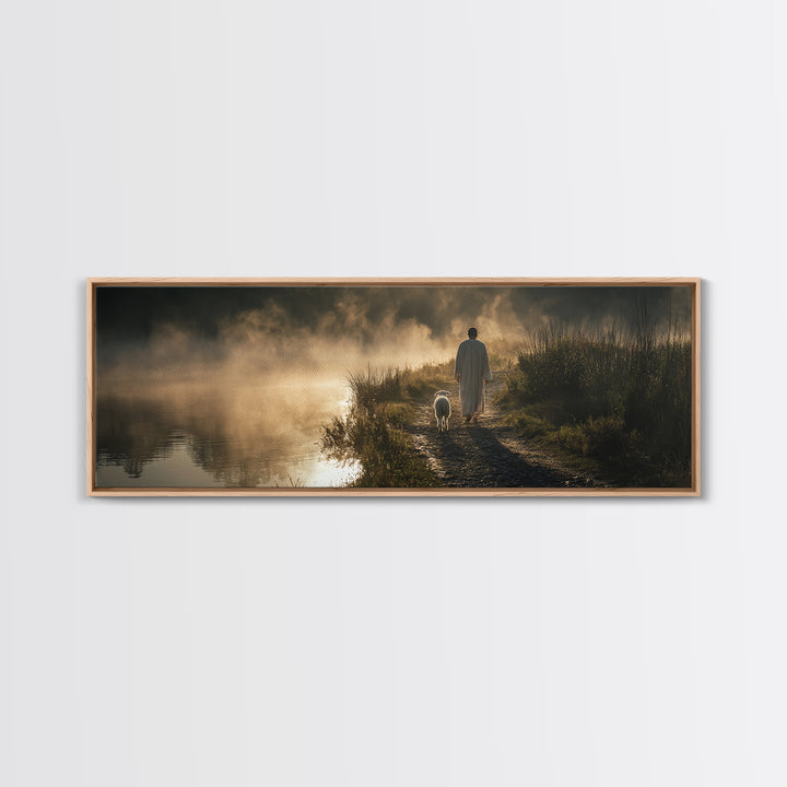 Morning Shore Peace | Framed Canvas Print | Christian Wall Art | Panoramic Print | Jesus Art Canvas | Christmas Art | Christian Art Gift