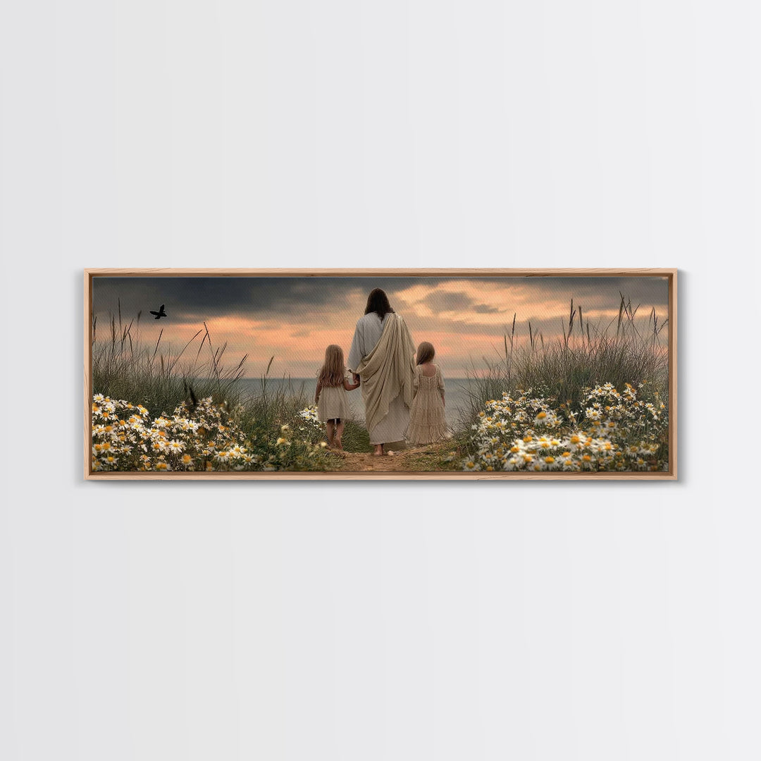 Daisies Of Peace | Framed Canvas Print | Panoramic Frame | Christian Art Canvas | Jesus Painting | Christian Wall Art | Christian Art Print