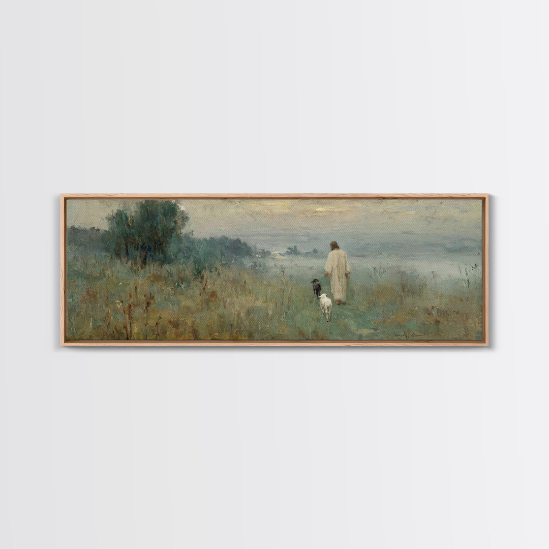The Meadow Shepherd – Framed Canvas Print – Panoramic Art – Christian Wall Art – Jesus Painting – Christian Art Canvas – Christmas Art