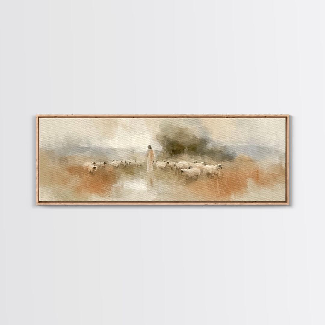 Eternal Shepherd Calm, Framed Canvas Print, Panoramic Print, Christian Art Print, Jesus Painting Canvas, Christian Christmas Art, Large Chr