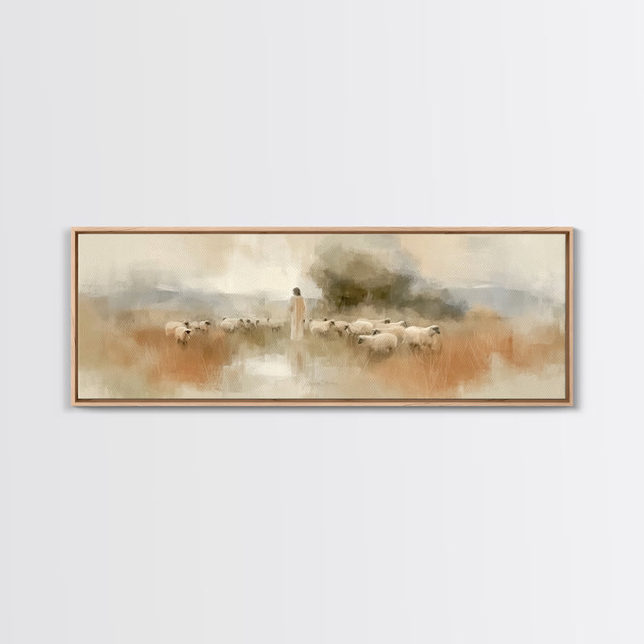 Eternal Shepherd Calm, Framed Canvas Print, Panoramic Print, Christian Art Print, Jesus Painting Canvas, Christian Christmas Art, Large Chr
