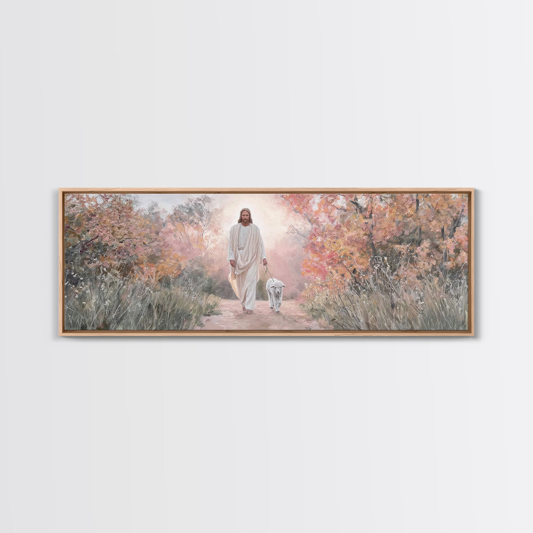 Autumn Shepherd Walk – Framed Canvas Print – Christian Art Canvas – Panoramic Wall Art – Jesus Painting – Christian Wall Art