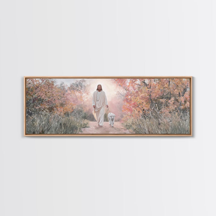 Autumn Shepherd Walk – Framed Canvas Print – Christian Art Canvas – Panoramic Wall Art – Jesus Painting – Christian Wall Art