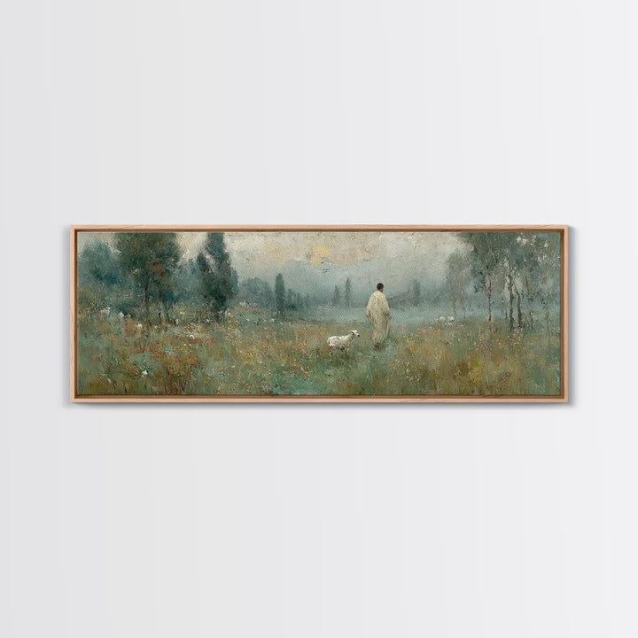 Misty Pasture Calm, Framed Canvas Print, Panoramic Art, Christian Wall Art, Jesus Painting, Christian Art Canvas