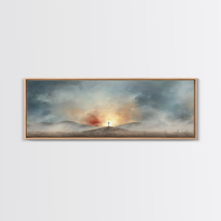 Risen Light Promise, Framed Canvas Print, Panoramic Art, Christian Wall Art, Christian Art Canvas, Blue Christian Art, Christian Art Work,