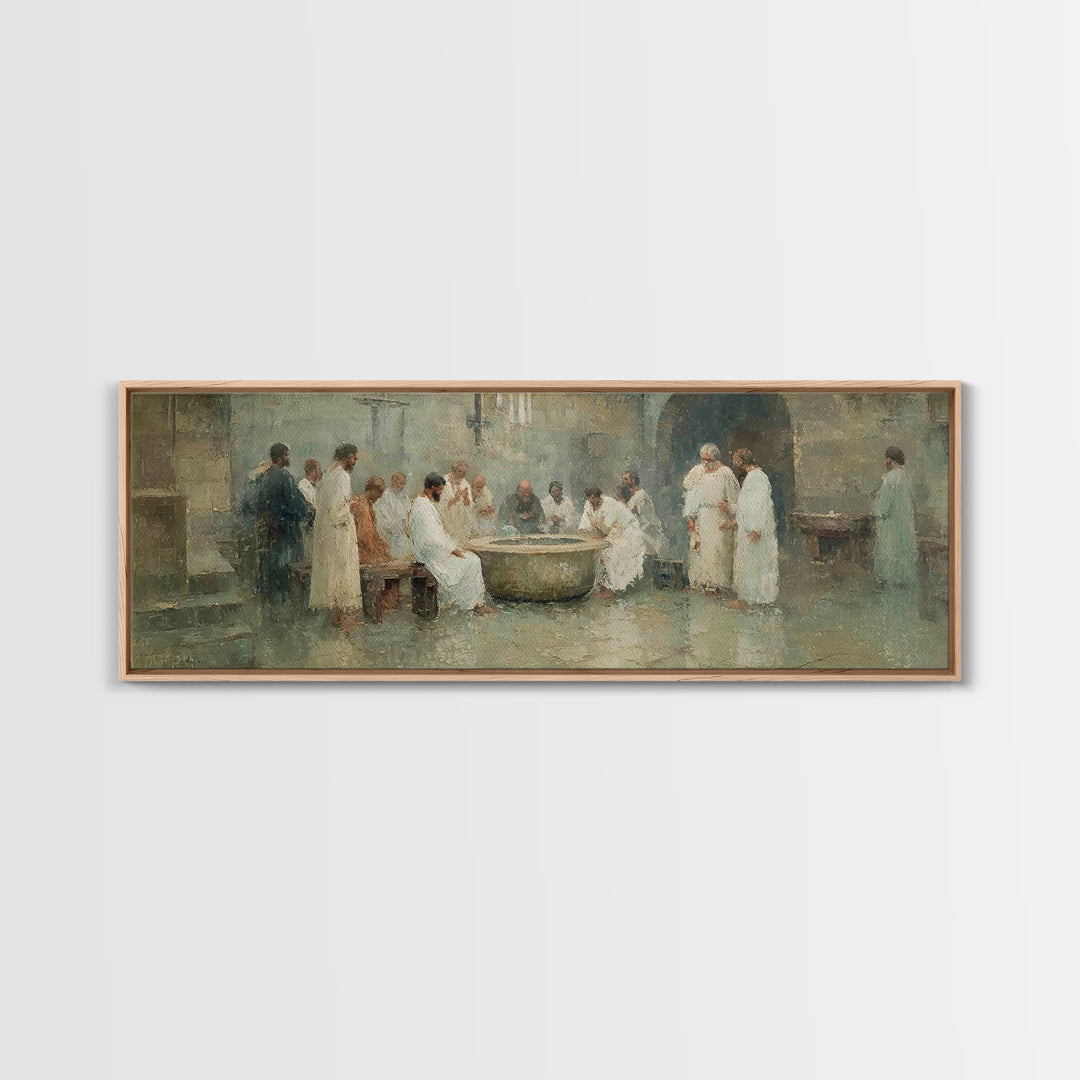 Service of Love, Framed Canvas Print, Panoramic Wall Art, Christian Art Canvas, Jesus Painting, Christian Christmas Art, Christian Decor, C