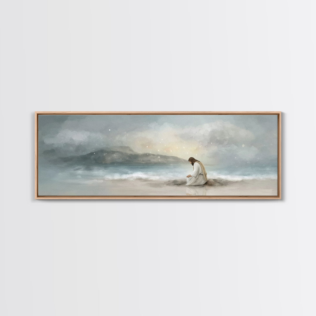 Shoreline Reverence - Framed Canvas Print - Christian Wall Art - Jesus Painting - Panoramic Art - Christian Art Canvas - Christmas Art