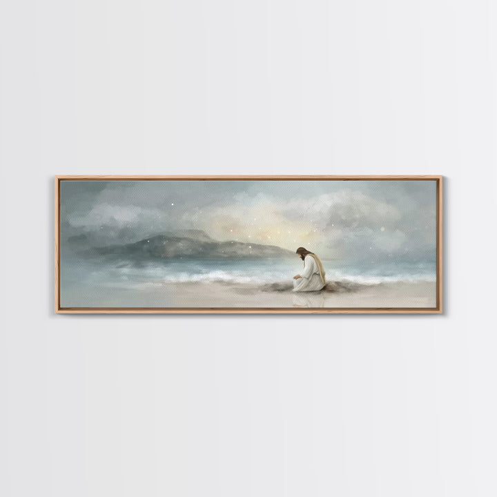 Shoreline Reverence - Framed Canvas Print - Christian Wall Art - Jesus Painting - Panoramic Art - Christian Art Canvas - Christmas Art