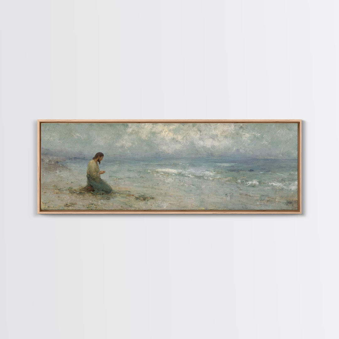 Gentle Shore Grace - Framed Canvas Print - Panoramic Frame - Christian Art Canvas - Jesus Painting - Christian Wall Art - Christmas Art