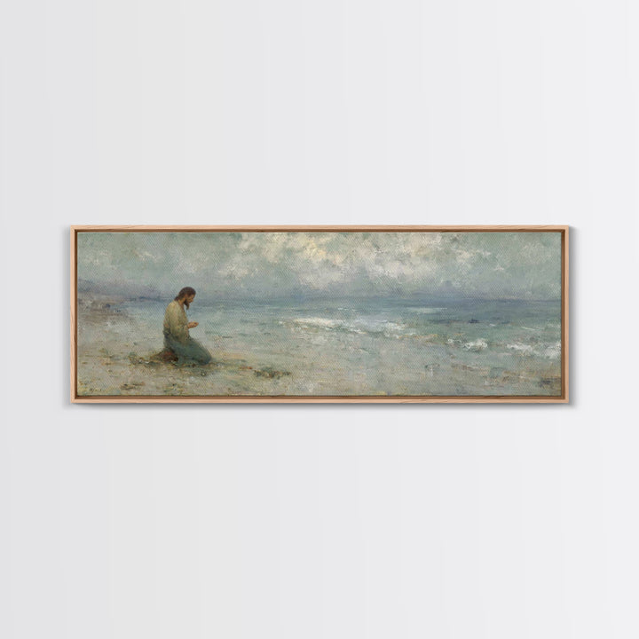 Gentle Shore Grace - Framed Canvas Print - Panoramic Frame - Christian Art Canvas - Jesus Painting - Christian Wall Art - Christmas Art