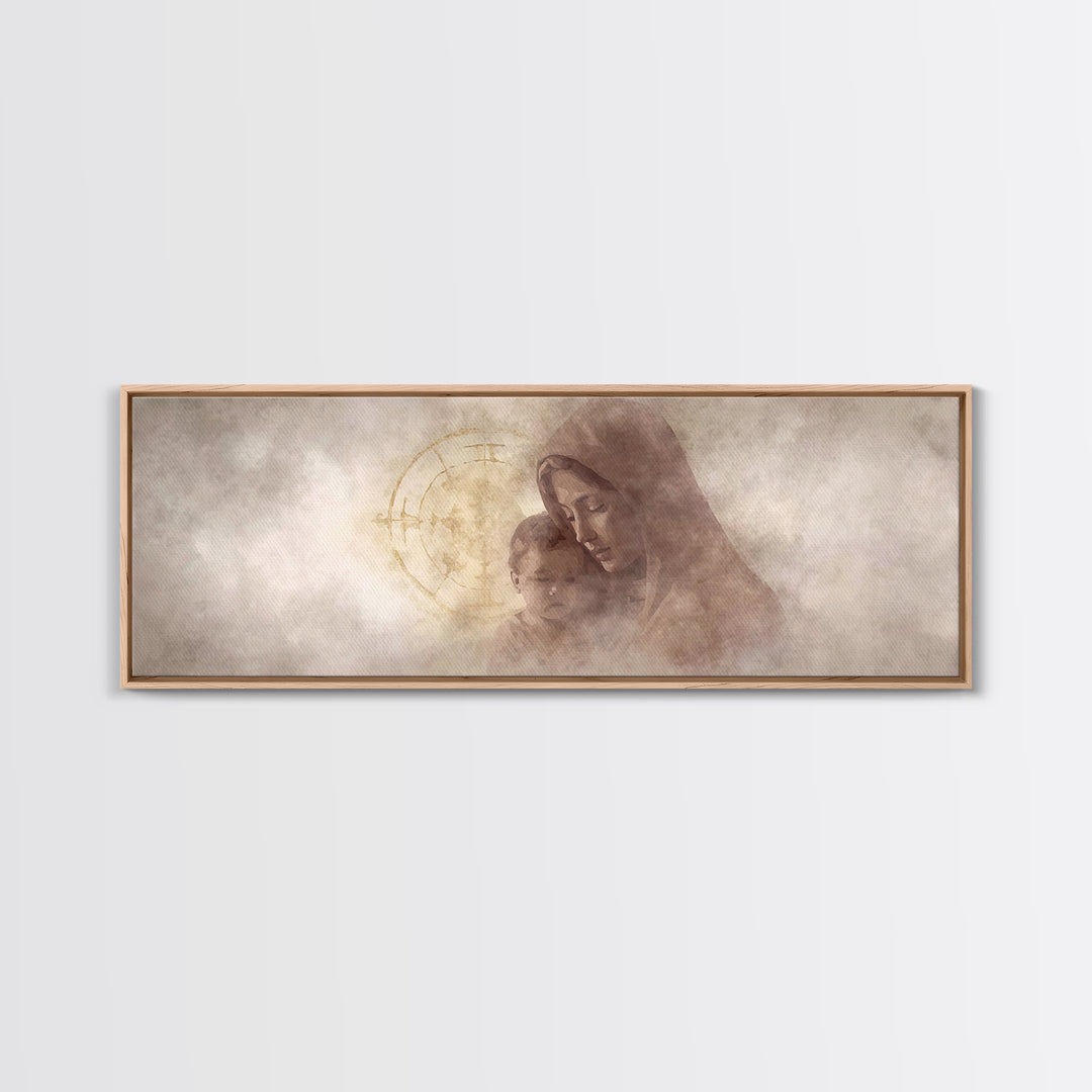 Motherly Devotion, Framed Canvas Print, Christian Wall Art, Panoramic Painting, Mary And Jesus Painting, Christian Art Canvas, Christmas Ar