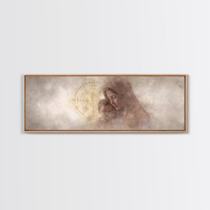 Motherly Devotion, Framed Canvas Print, Christian Wall Art, Panoramic Painting, Mary And Jesus Painting, Christian Art Canvas, Christmas Ar