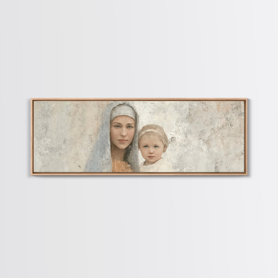 Sacred Tenderness - Framed Canvas Print - Panoramic Wall Art - Mary And Jesus Painting - Christian Art Canvas - Christian Wall Art - Christ