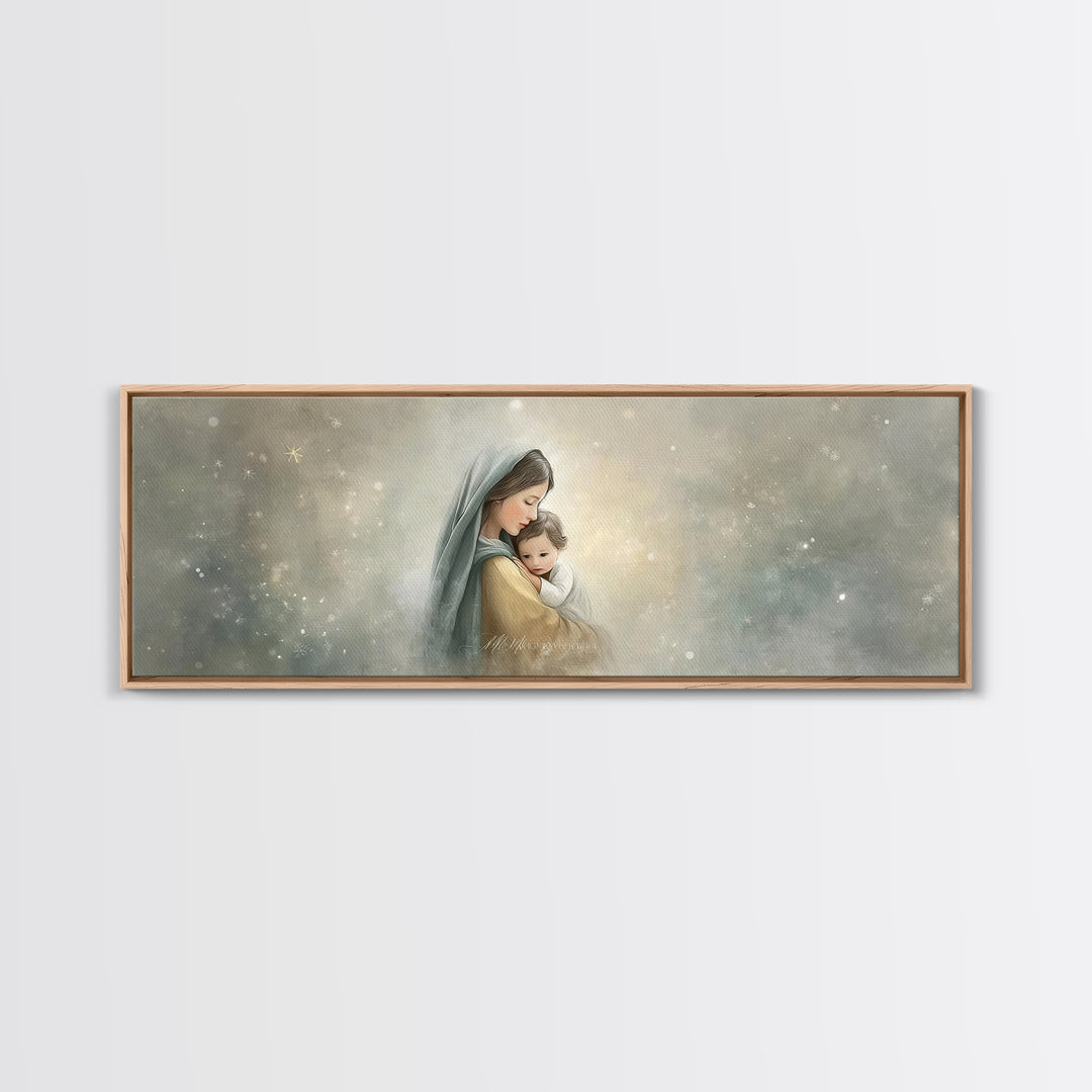 Starborn Grace Light, Framed Canvas Print, Panoramic Art, Christian Wall Art, Mary And Jesus Painting, Christian Art Canvas, Christmas Art