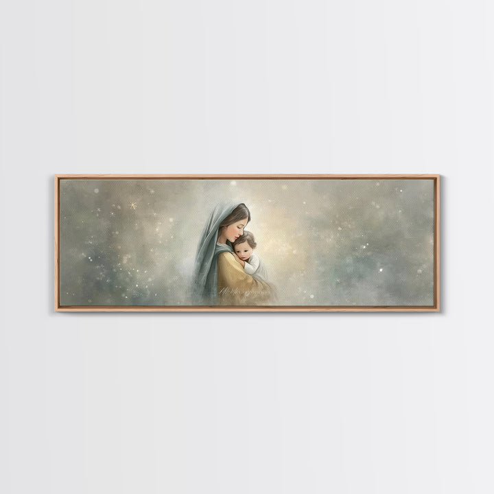 Starborn Grace Light, Framed Canvas Print, Panoramic Art, Christian Wall Art, Mary And Jesus Painting, Christian Art Canvas, Christmas Art