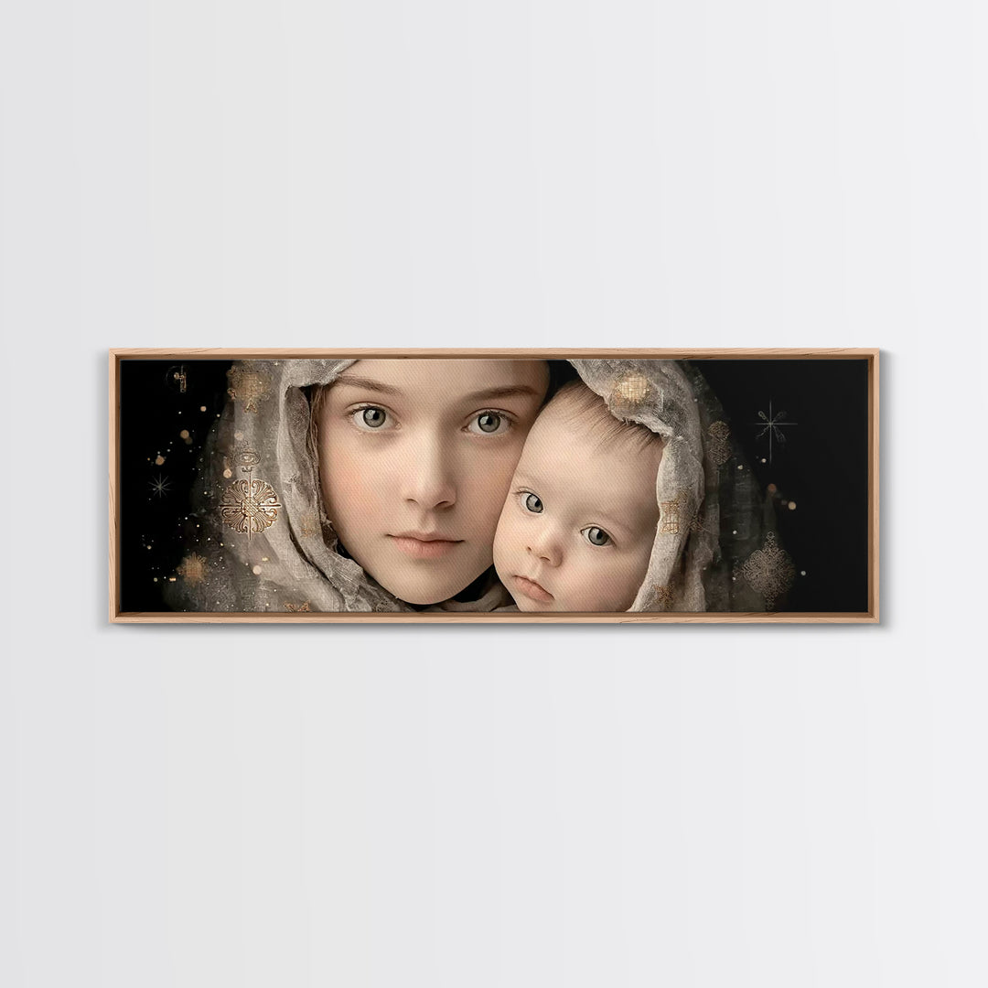 Gentle Heaven’s Hold - Framed Canvas Print - Panoramic Frame - Christian Art Canvas - Mary And Jesus Painting - Christian Wall Art - Christ
