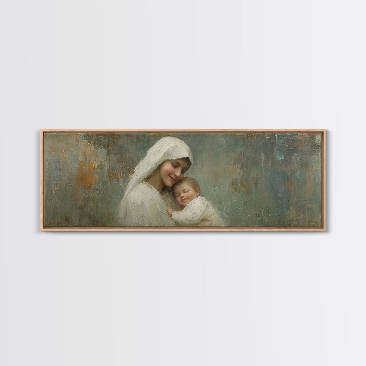 Holy Tender Joy, Framed Canvas Print, Panoramic Wall Art, Christian Art Canvas, Mary And Jesus Painting, Christmas Art, Christian Wall Art