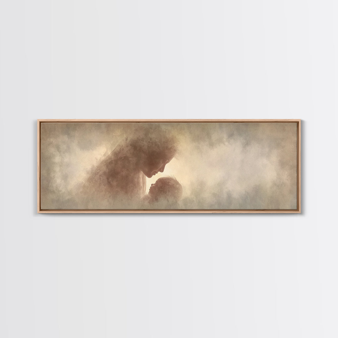 Celestial Motherhood Glow | Framed Canvas Print | Panoramic Art | Christian Art Canvas | Mary And Jesus Painting | Christian Wall Art | Chr
