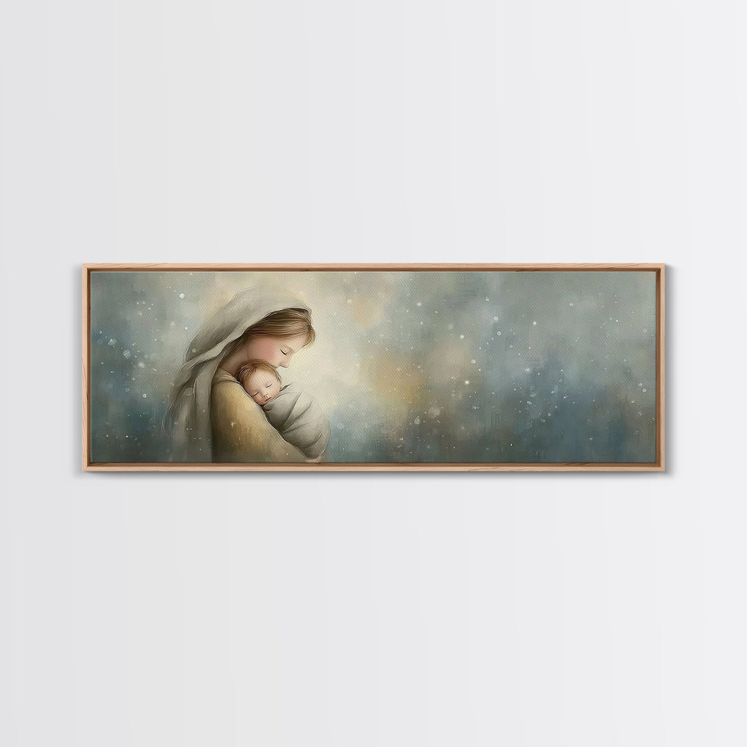 Blessed Winter Warmth, Framed Canvas Print, Panoramic Painting, Christian Art Canvas, Mary And Jesus Painting, Christian Wall Art, Christma
