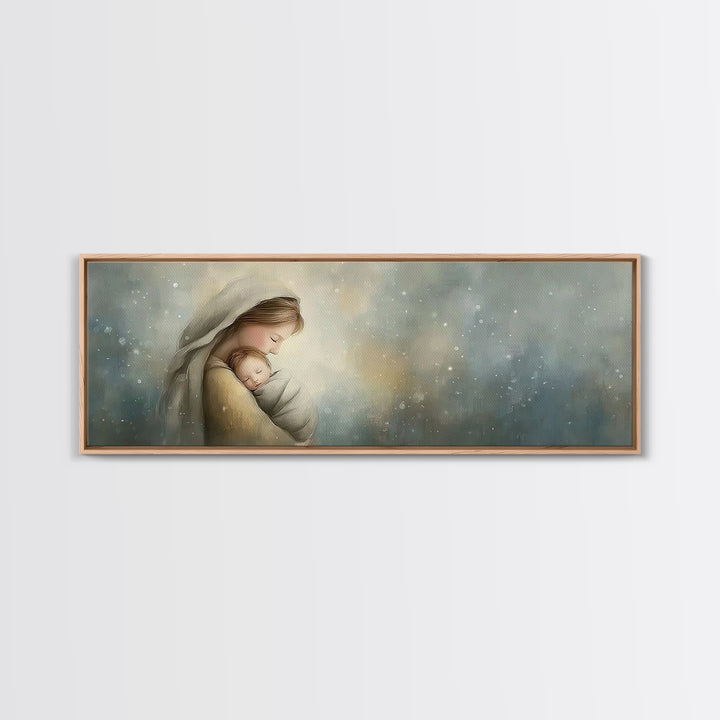 Blessed Winter Warmth, Framed Canvas Print, Panoramic Painting, Christian Art Canvas, Mary And Jesus Painting, Christian Wall Art, Christma