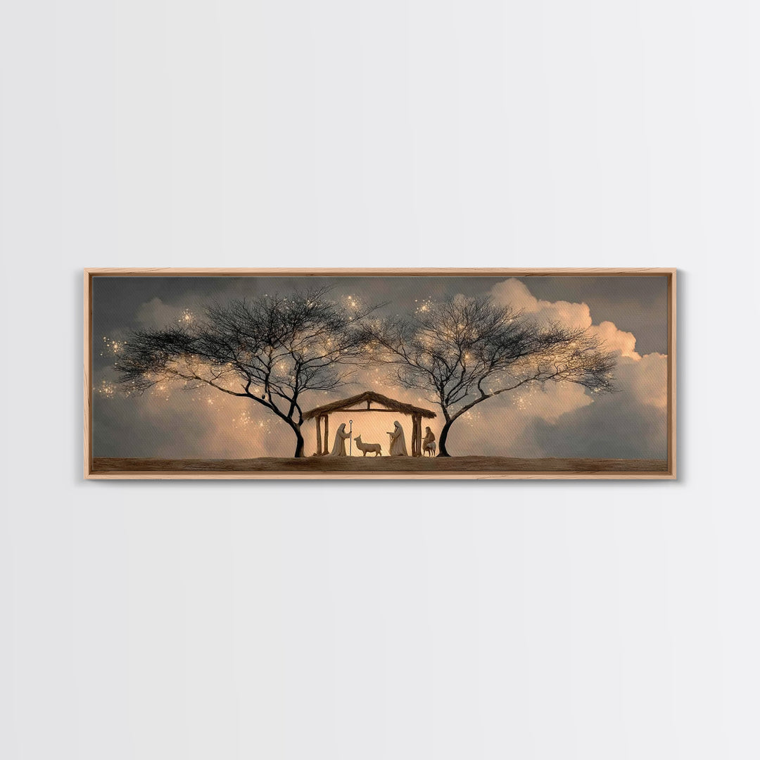 Evening Nativity Glow – Framed Canvas Print – Extra Wide Art – Christian Art – Christian Art Canvas – Christmas Wall Art – Jesus Christmas