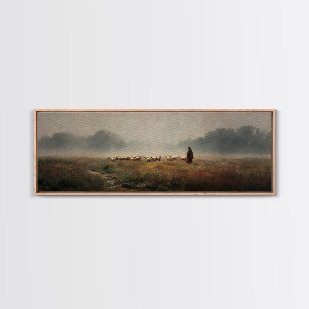 Misty Shepherd Field | Framed Canvas Print | Panoramic Painting | Christian Art Print | Christian Wall Art | Jesus Painting | Subtle Christ