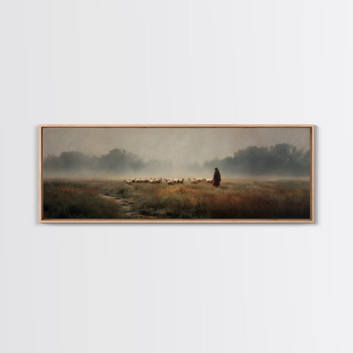 Misty Shepherd Field | Framed Canvas Print | Panoramic Painting | Christian Art Print | Christian Wall Art | Jesus Painting | Subtle Christ