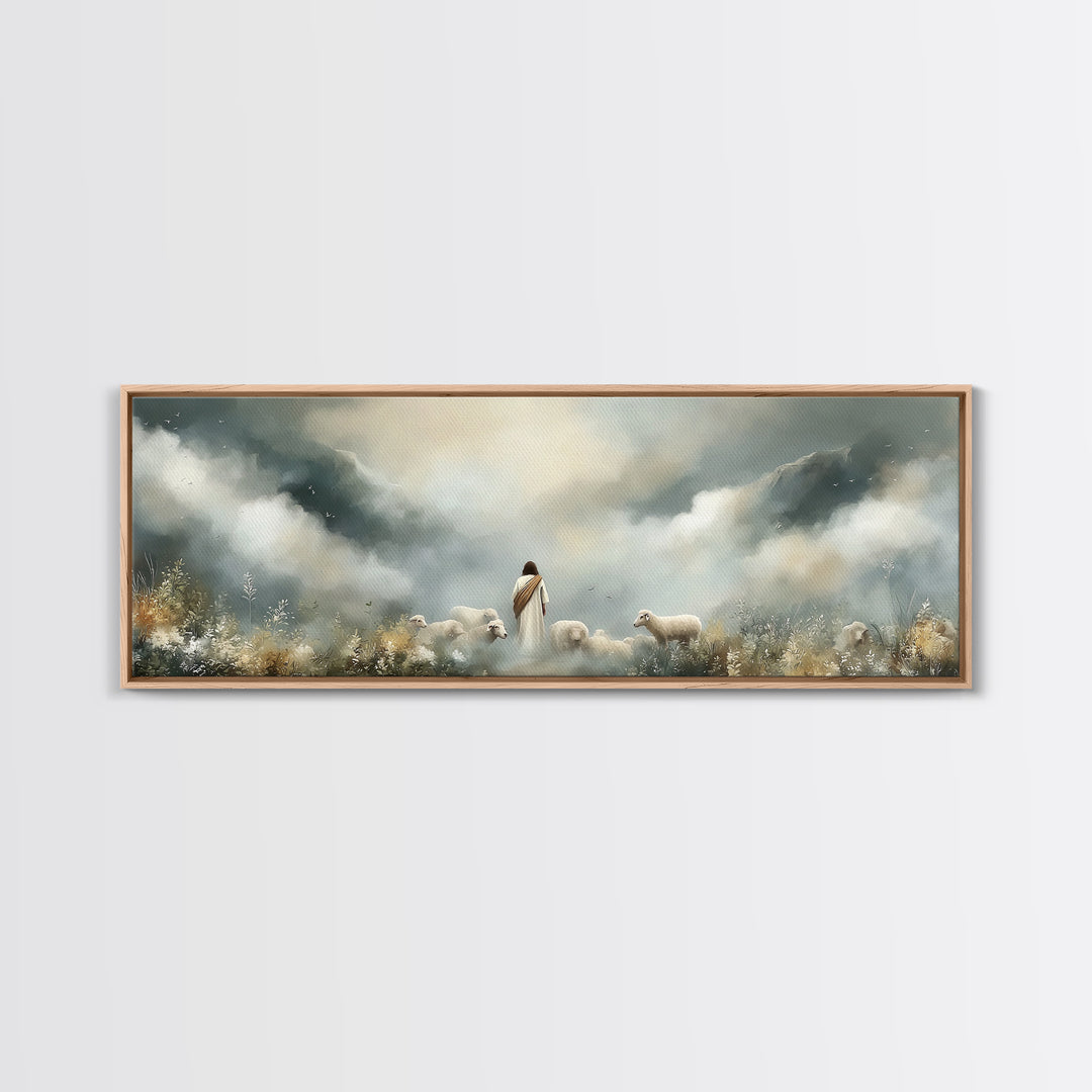 Hillside Shepherd Peace – Framed Canvas Print – Panoramic Frame – Christian Art – Christian Art Prints – Jesus Painting – Christian Wall Ar