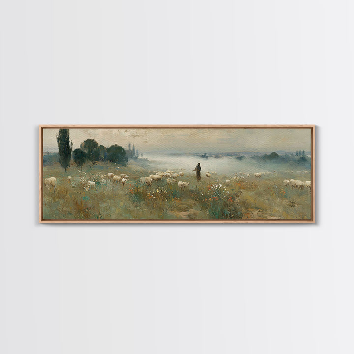 Wildflower Shepherd Path, Framed Canvas Print, Panoramic Art, Christian Wall Art, Jesus Painting, Christian Art Canvas, Vintage Christian A