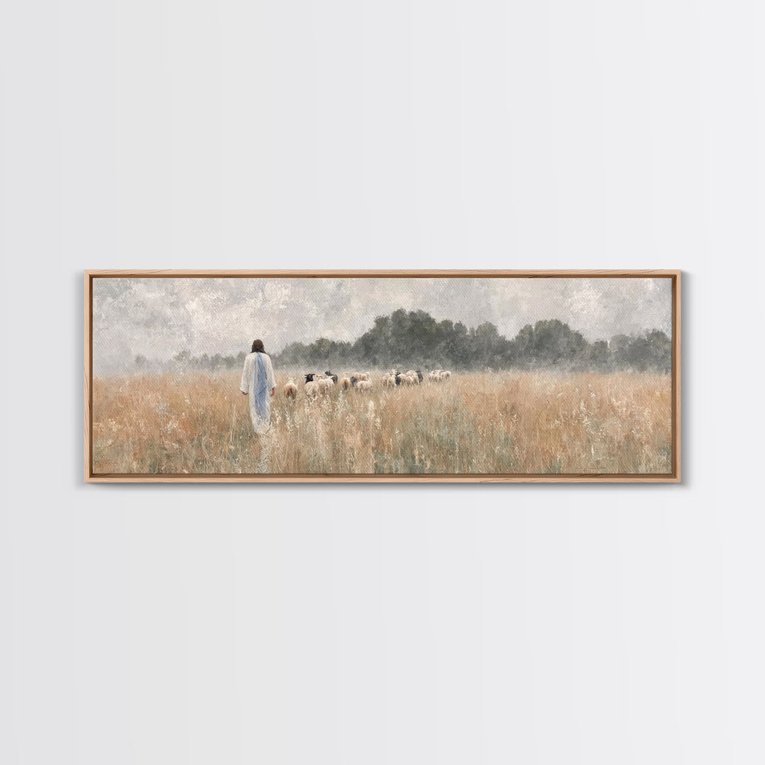 Golden Field Shepherd | Framed Canvas Print | Panoramic Wall Art | Christian Art | Jesus Painting | Christian Art Canvas | Modern Christian