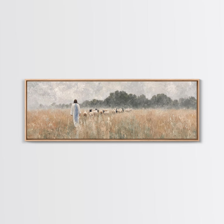 Golden Field Shepherd | Framed Canvas Print | Panoramic Wall Art | Christian Art | Jesus Painting | Christian Art Canvas | Modern Christian
