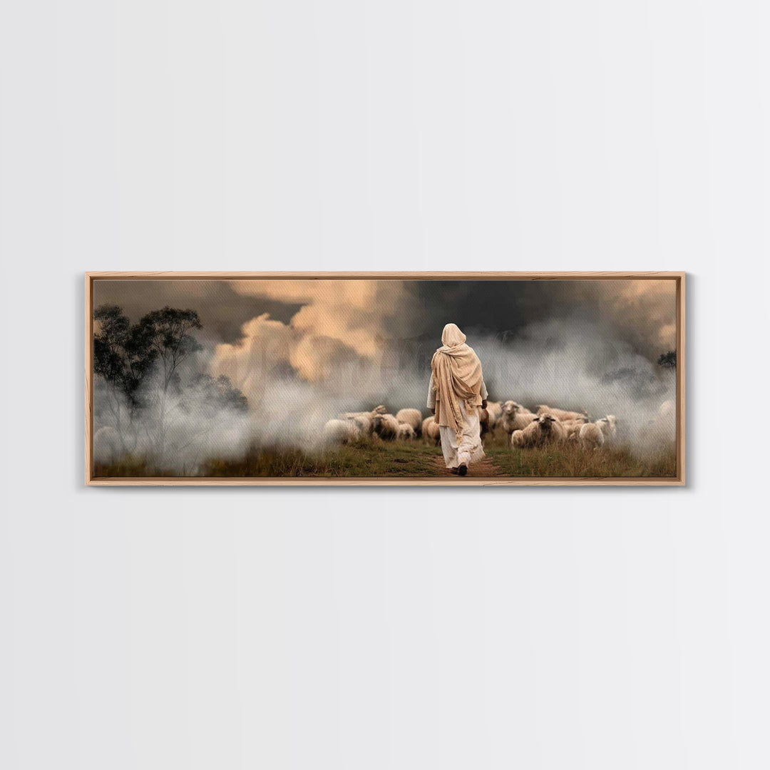 Twilight Shepherd Journey – Framed Canvas Print – Panoramic Art – Christian Art Canvas – Jesus Painting – Christian Wall Art – Moody Christ