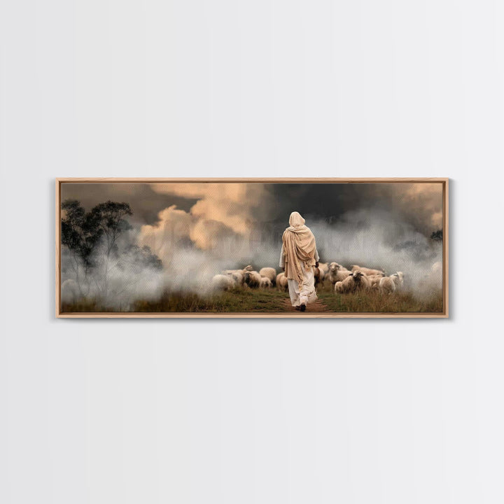 Twilight Shepherd Journey – Framed Canvas Print – Panoramic Art – Christian Art Canvas – Jesus Painting – Christian Wall Art – Moody Christ